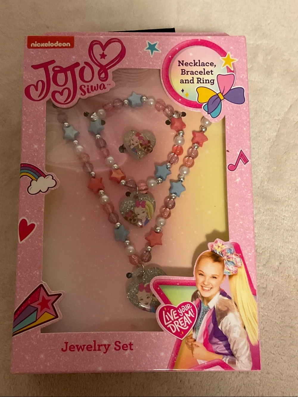 JoJo Siwa Pink, Blue & White Girls' Necklace Bracelet Ring Set